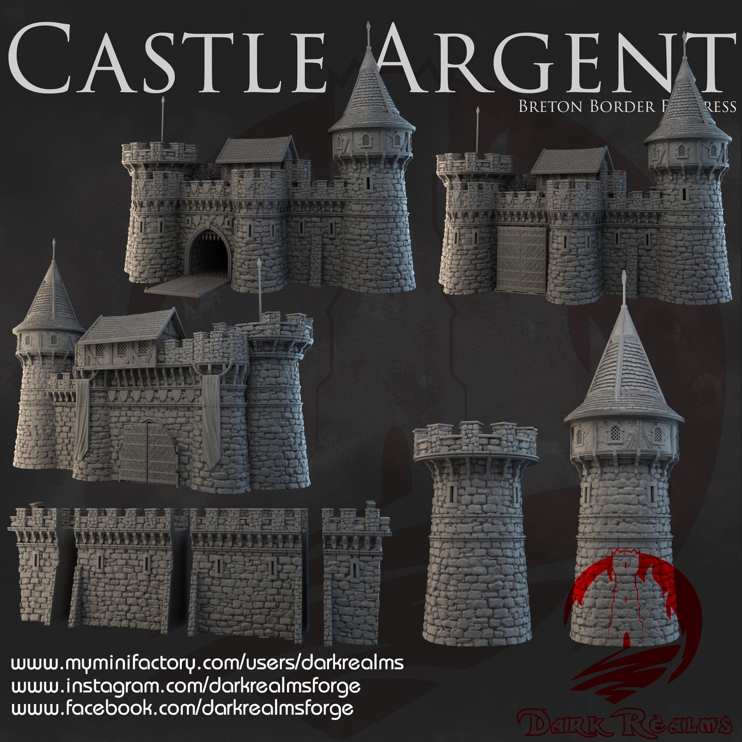 Dark Realms Castle Argent - Gate & Walls Fortress - Printed on FDM Bambu Lab X1 Carbon (Custom Order) - product image 2 of 2