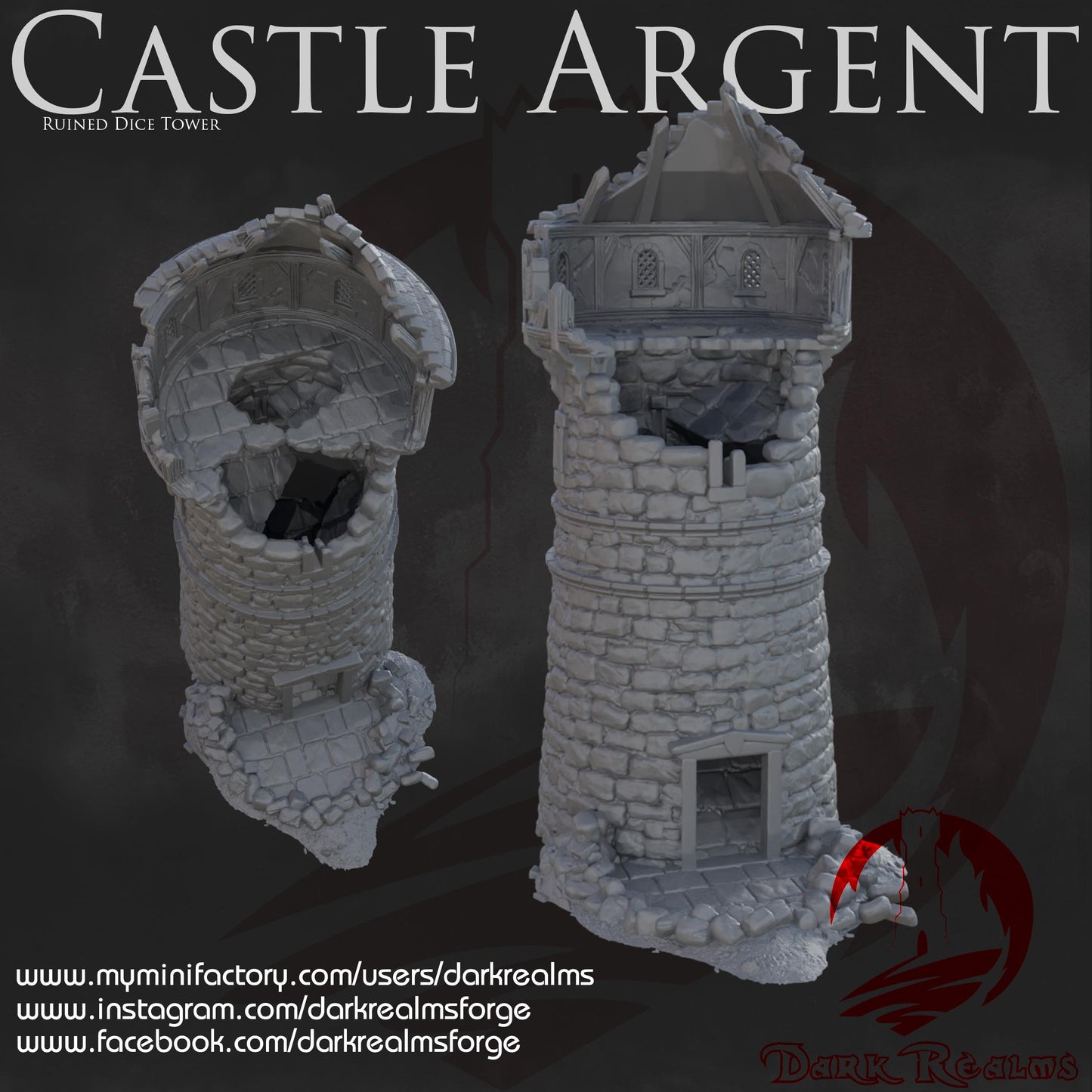 Dark Realms Castle Argent - Dark Realms - Castle Argent - Ruined Dice Tower - Printed on FDM Bambu Lab X1 Carbon (Custom Order) - product image