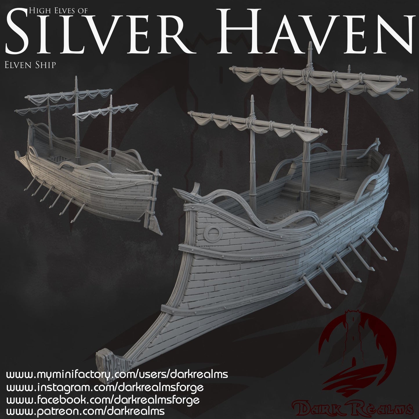 Dark Realms Silver Haven - Elven Ship- Printed on FDM Bambu Lab X1 Carbon (Custom Order) - product image