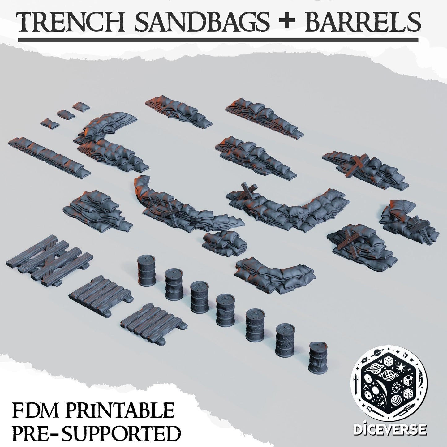 Diceverse Trench Terrain: Sandbags and Barrels - Trench Compatible (Custom Order) - product image