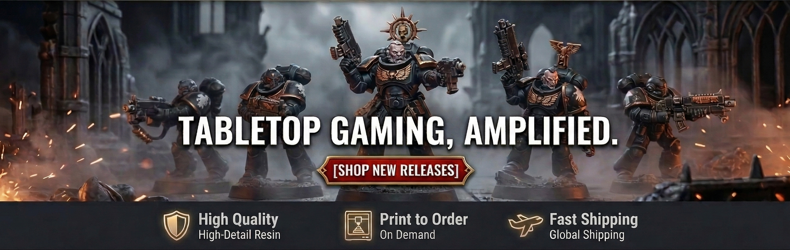 Advertisement for tabletop gaming with characters and text on a dark background