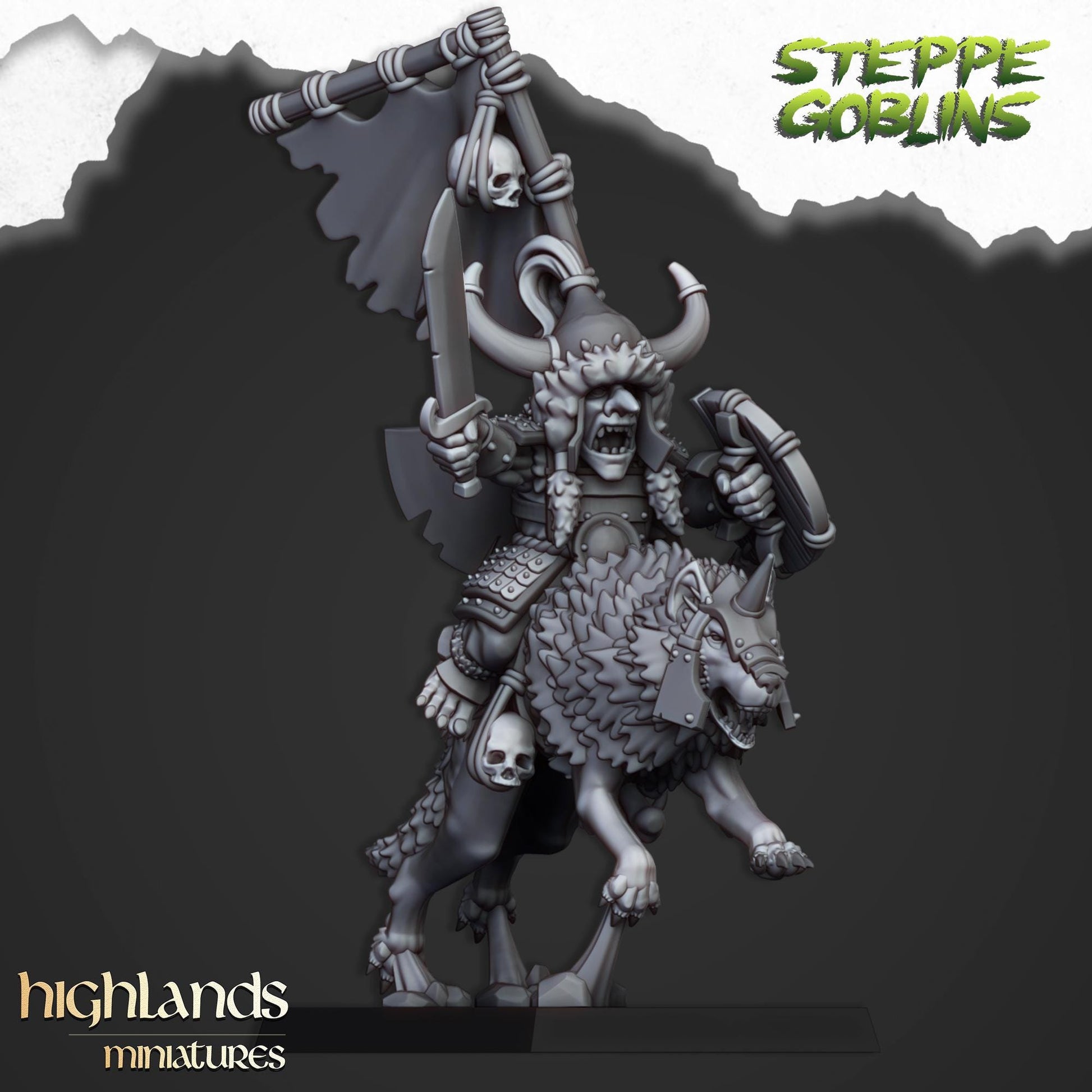 Highland Miniatures Mounted Steppe Goblin Khan on Wolf - Fantasy / D&D (Custom Order) - product image