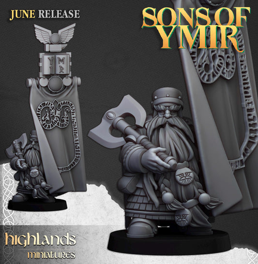 Highland Miniatures - Dwarf Lord with Battle Banner - Fantasy / D&D (Custom Order)