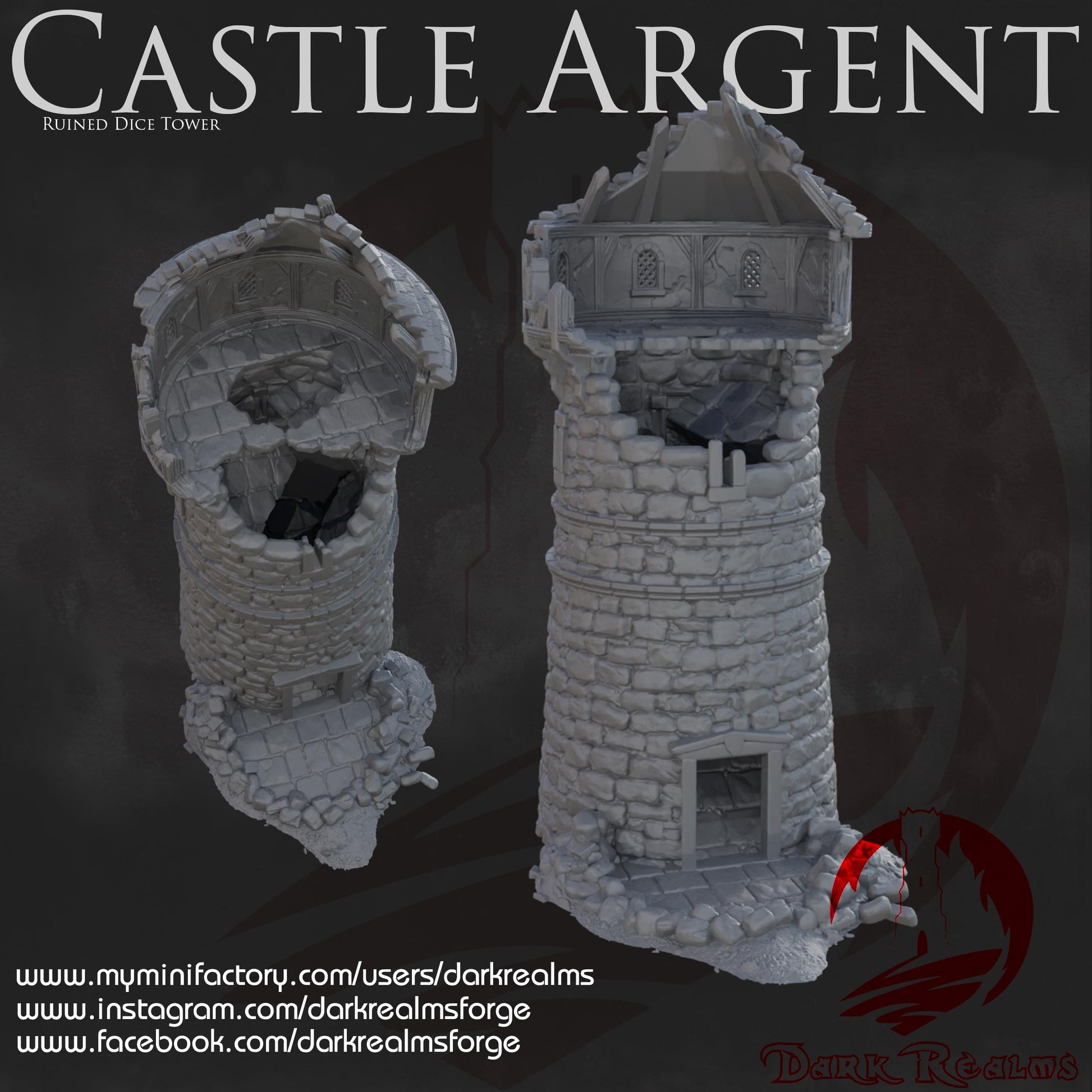 Dark Realms Castle Argent - Dark Realms - Castle Argent - Ruined Dice Tower - Printed on FDM Bambu Lab X1 Carbon (Custom Order) - product image